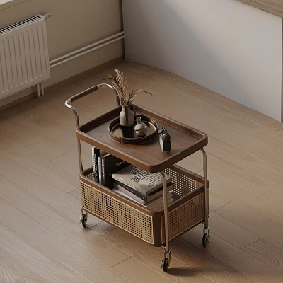 Wooden Rattan Bedside Table With Wheels Tray And Shelf Holding Dried Plant Books Magazines 3d model