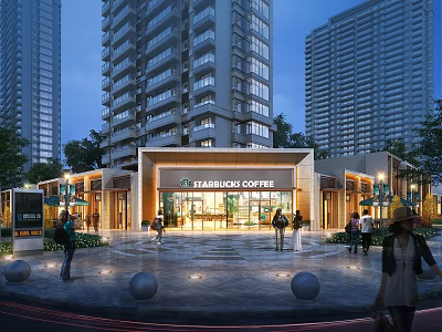 Modern Commercial Street Plaza with Farben Coffee Shop People Walking and High Rise Buildings 3d model