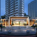Modern Commercial Street Plaza with Farben Coffee Shop People Walking and High Rise Buildings
