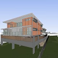 Modern Single Family House Exterior With Large Glass Windows Wooden Lattice Lawn And Staircase