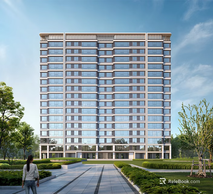 Modern High-Rise Residential Building with Glass Facade Lush Greenery and Tree-Lined Pathway 3d model 