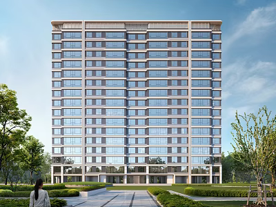 Modern High-Rise Residential Building with Glass Facade Lush Greenery and Tree-Lined Pathway 3d model