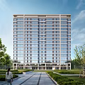 Modern High-Rise Residential Building with Glass Facade Lush Greenery and Tree-Lined Pathway