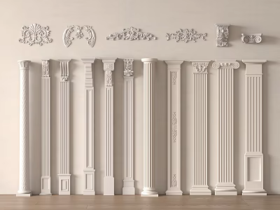 White Decorative Columns With Carved Top Elements And Various Designs For Interior Decoration 3d model