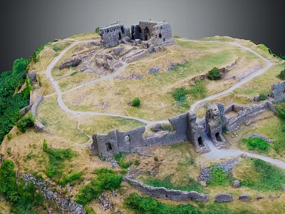 Ancient Castle Ruins On Hill With Winding Paths And Green Vegetation 3d model
