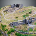 Ancient Castle Ruins On Hill With Winding Paths And Green Vegetation