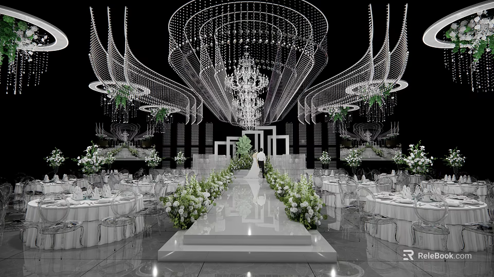 Wedding Banquet Hall with Crystal Chandelier Long White Aisle Green Plant Decorations and Arranged Tables 3d model 