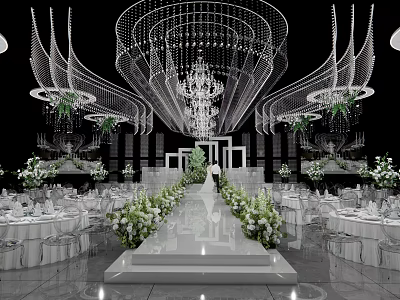 Wedding Banquet Hall with Crystal Chandelier Long White Aisle Green Plant Decorations and Arranged Tables 3d model