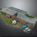 Old Red Brick Building with Gray Roof Plants White Shed Grass Blue Boats Near Waterfront