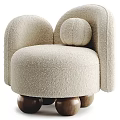 Modern Cozy Cream Plush Single Seater Sofa with Rounded Armrests Round Cushion and Wooden Legs