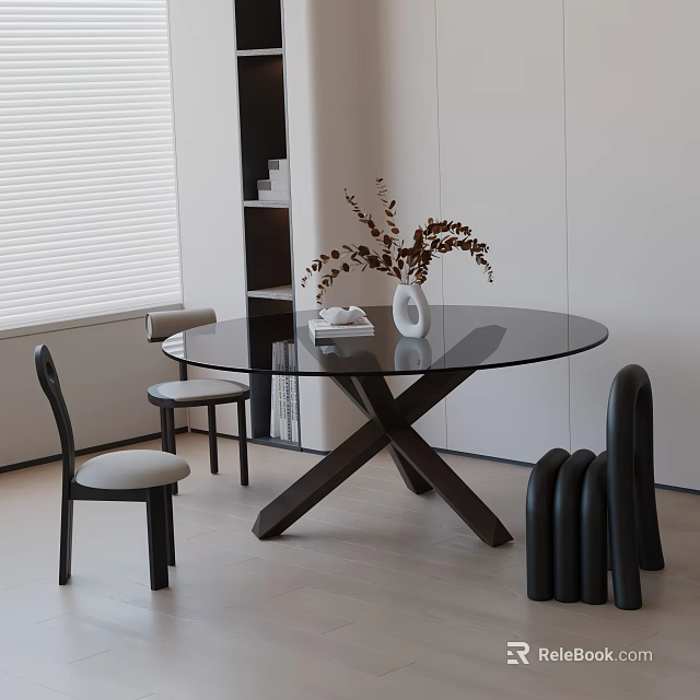 Modern Round Glass Dining Table Set With Crossed Wooden Base Chairs And Dried Flower Vase 3d model 