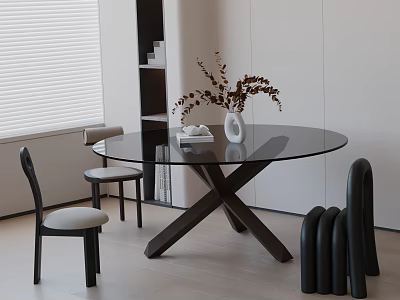 Modern Round Glass Dining Table Set With Crossed Wooden Base Chairs And Dried Flower Vase 3d model