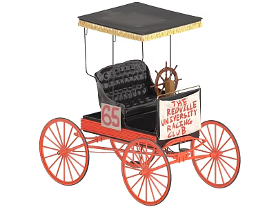 Vintage Horse-Drawn Carriage With Black Canopy Red Wheels And Republic Universal Slyde Sign 3d model
