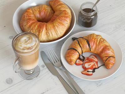 Fresh Croissants With Latte And Strawberries Drizzled In Chocolate Sauce 3d model