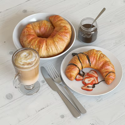 Fresh Croissants With Latte And Strawberries Drizzled In Chocolate Sauce 3d model Fresh Croissants With Latte And Strawberries Drizzled In Chocolate Sauce 3d model