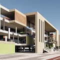 Modern School Building With Multi Storey Brick Glass Facade Balconies Pedestrian Walkway And Running Track