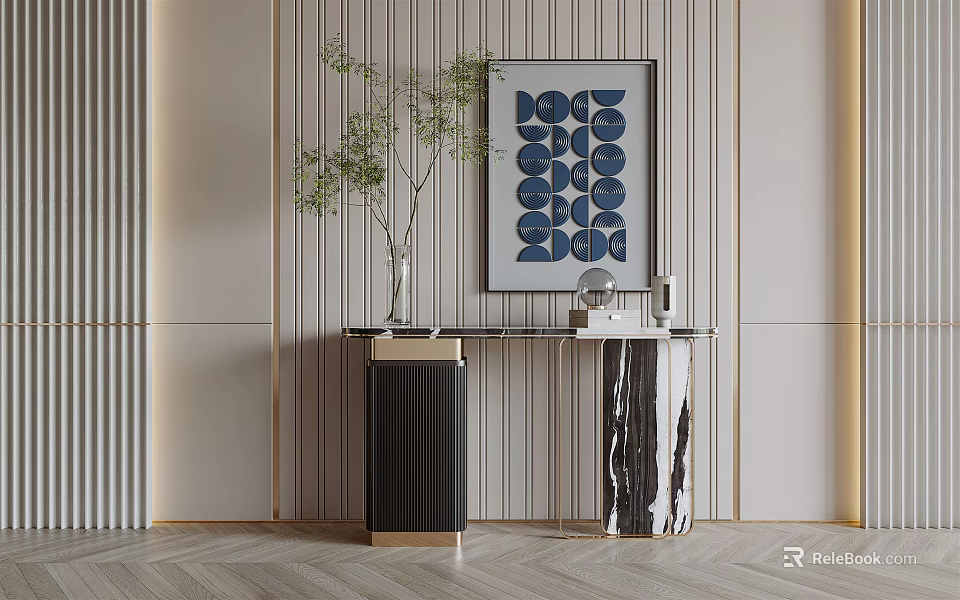 Elegant Console Table With Vertical Striped Wall Blue Circular Artwork Green Plant And Marble Top 3d model 