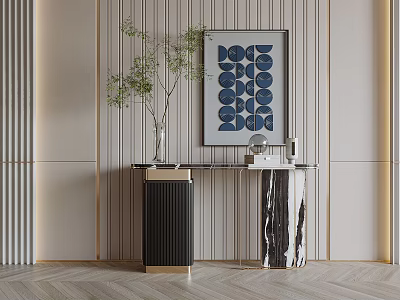 Elegant Console Table With Vertical Striped Wall Blue Circular Artwork Green Plant And Marble Top 3d model