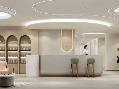 Elegant Modern Beauty Hair Salon Interior Design With Reception Desk Product Shelves And Stools 3d model