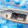 Small White Boat Floating On Blue Water With Red Lifebuoy And Simple Equipment