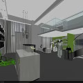 Modern Store Interior Design With Green Chairs White Counter Staircase And Bookshelves