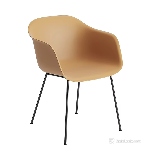 Modern Minimalist Beige Plastic Outdoor Chair With Curved Backrest And Black Metal Legs 3d model 