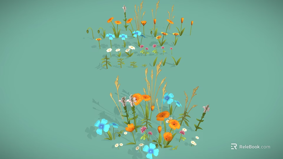 Cartoon Scene With Orange Blue Pink White Flowers And Green Leaves On Light Green Background 3d model 