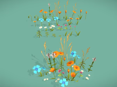 Cartoon Scene With Orange Blue Pink White Flowers And Green Leaves On Light Green Background 3d model