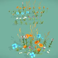 Cartoon Scene With Orange Blue Pink White Flowers And Green Leaves On Light Green Background