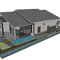 Modern Detached House with Gray Roof White Brown Exterior Front Porch and Small Trees