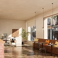Cozy Dessert Shop Interior With Brick Counter Wooden Bench Hanging Lights And Green Plants