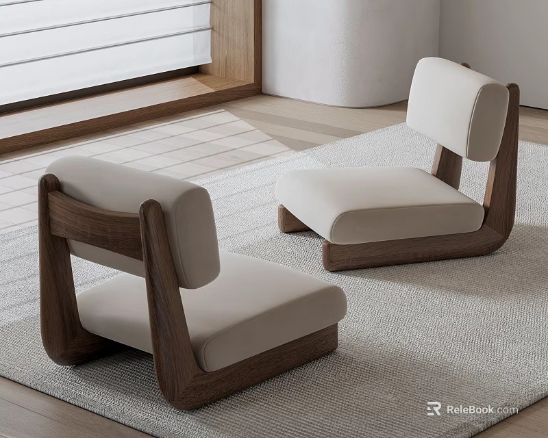 Modern Leisure Chairs with Walnut Wooden Frame Light Beige Upholstery on Carpet in Bright Interior 3d model 