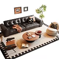 Modern Sofa Coffee Table Set With Black Leather Sofa Round Table Rug Plant And Pillows