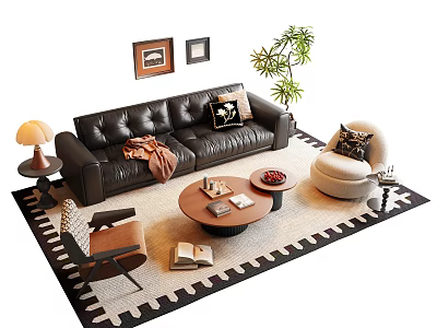 Modern Sofa Coffee Table Set With Black Leather Sofa Round Table Rug Plant And Pillows 3d model