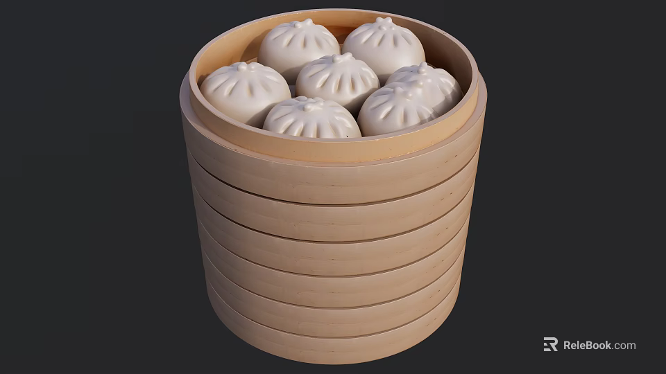 Bamboo Steamer Filled With Fresh Steamed Buns On Dark Background 3d model