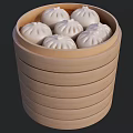 Bamboo Steamer Filled With Fresh Steamed Buns On Dark Background 3d model