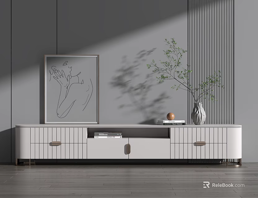 Modern Minimalist White TV Stand With Vase Green Plant And Wall Art On Gray Wall 3d model 