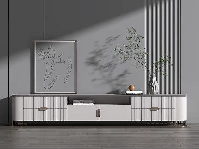 Modern Minimalist White TV Stand With Vase Green Plant And Wall Art On Gray Wall 3d model