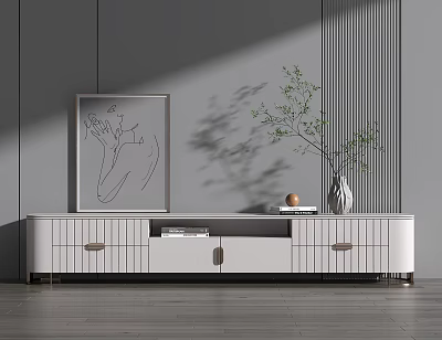 Modern Minimalist White TV Stand With Vase Green Plant And Wall Art On Gray Wall 3d model