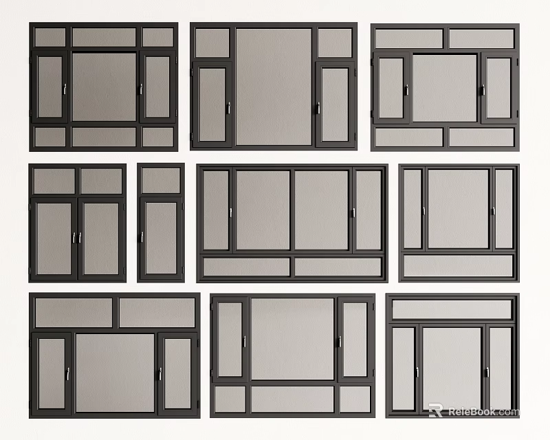 Various Black Frame Window Designs With Glass Panels And Different Styles 3d model