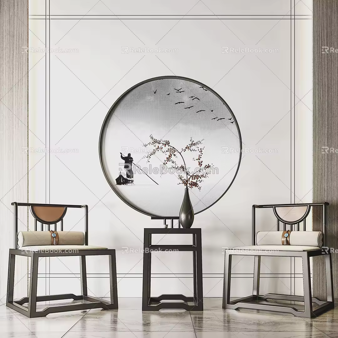 New Chinese Style Casual Table and Chair Combination Single Chair Side Combination 3d model