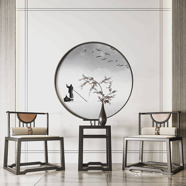 Chinese Style Table and Chairs Set with Circular Mirror Flying Birds and Plum Blossom Vase 3d model 