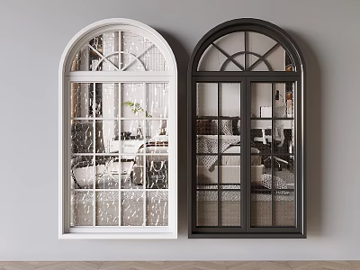 White and Black Arched Casement Windows with Grid Patterns for Modern Interior Decor 3d model