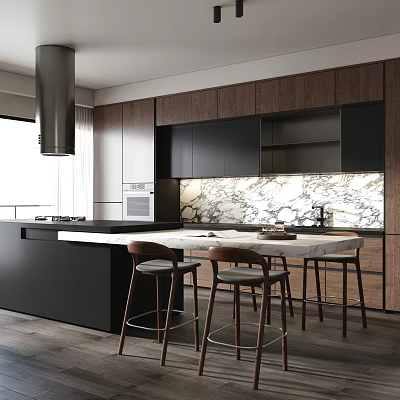 Modern Kitchen Interior Design With Black Wooden Cabinets Marble Backsplash And Island 3d model