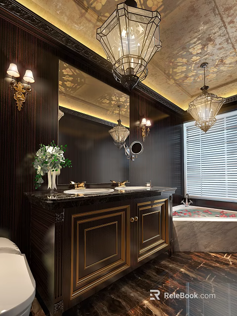 Luxury Classic Bathroom Interior With Dark Wood Cabinets Double Sink Vanity And Romantic Soaking Tub 3d model 