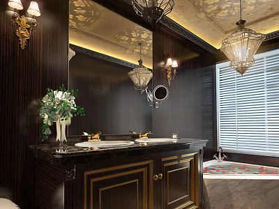 Luxury Classic Bathroom Interior With Dark Wood Cabinets Double Sink Vanity And Romantic Soaking Tub 3d model