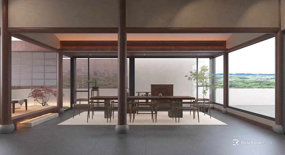 Traditional Teahouse Interior With Wooden Chairs Tables And Large Windows 3d model 