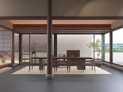 Traditional Teahouse Interior With Wooden Chairs Tables And Large Windows 3d model