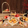 Bamboo Decorative Ornament Set With Fruit Figures Red Accents And Wooden