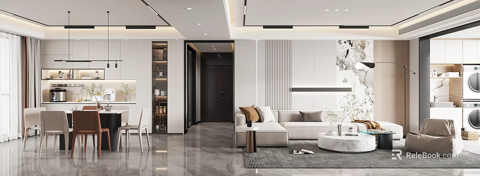 Modern Living Dining Room Interior With Beige Sofa Marble Coffee Table And Dining Set 3d model